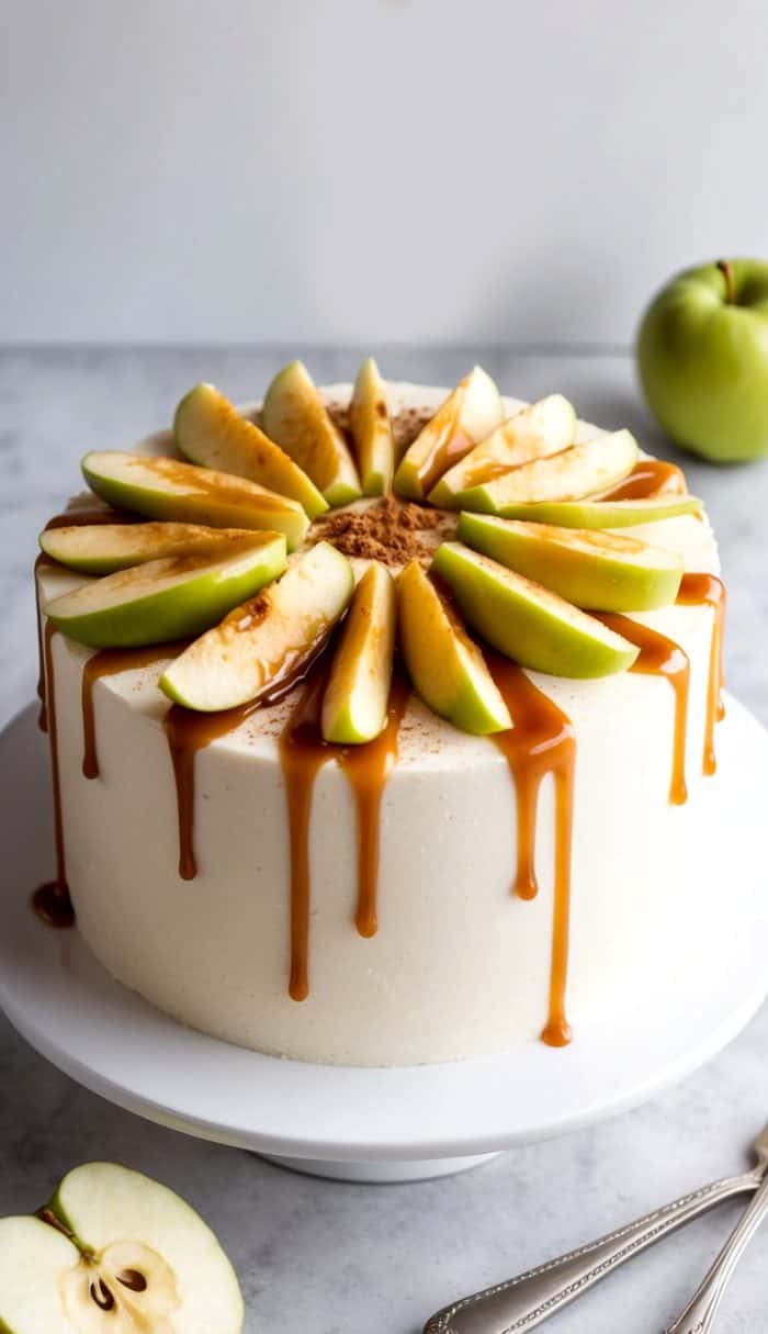 A caramel apple cake with smooth frosting is topped with fresh apple slices and caramel drizzle. The cake sits on a white cake stand, and a whole green apple is visible in the background on a marble surface.