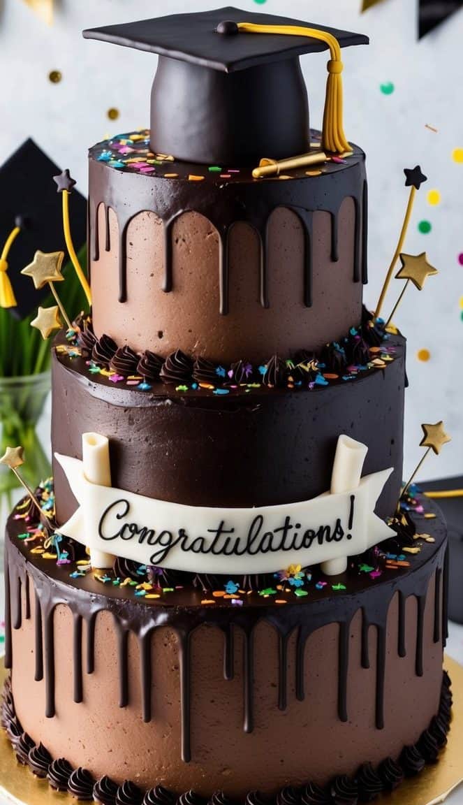 A three-tiered chocolate cake decorated with colorful sprinkles and stars, topped with a graduation cap. A ribbon with "Congratulations!" is draped across the front. The background features festive decorations and confetti.