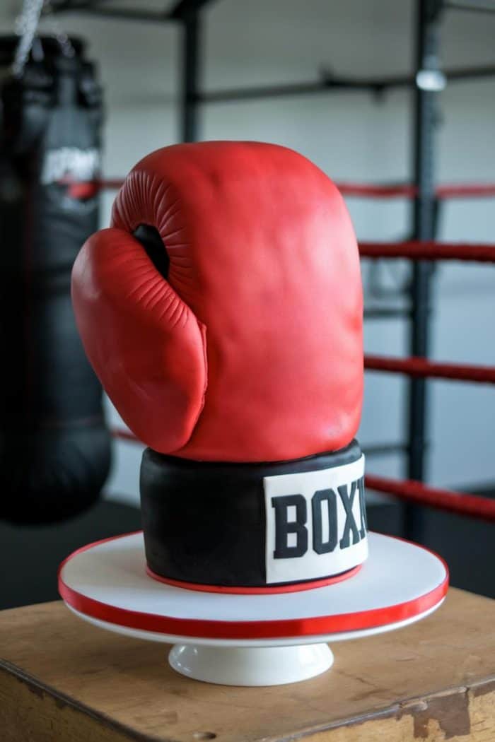 A cake shaped like a red boxing glove sits on a white cake stand with a red rim. The base of the cake is black with a white band labeled "BOXING." A blurred boxing ring background can be seen.