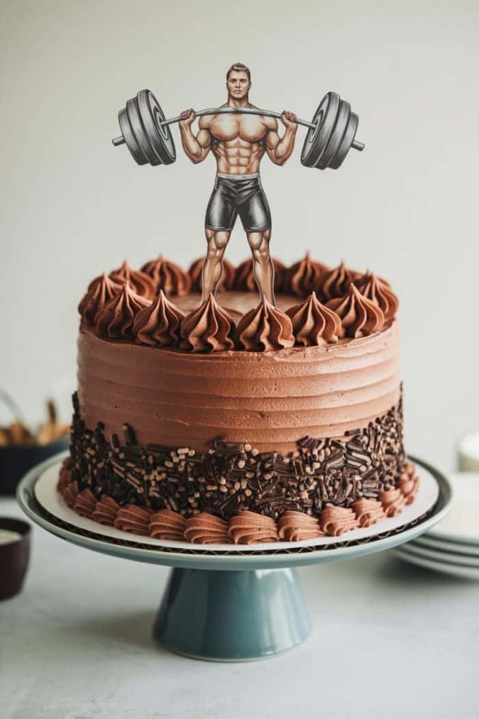 A chocolate cake with textured frosting, chocolate sprinkles, and a figurine of a muscular man lifting weights as a cake topper. The cake sits on a green pedestal against a neutral background.