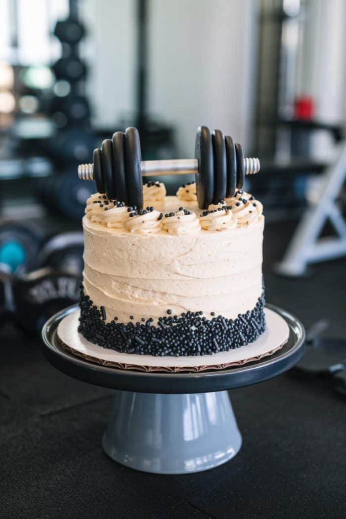 A cake decorated with a light frosting and black sprinkles sits on a stand. A small barbell with weights is placed on top, creating a theme that combines fitness and celebration. Fitness equipment is visible in the background.