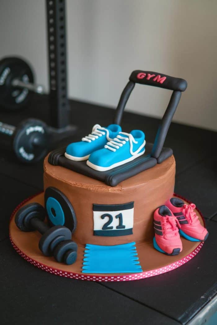 A round cake decorated as a brown treadmill with blue sneakers on top. It features black weights, a yoga mat, and pink sneakers around the base. The treadmill reads "GYM" and a "21" number plate is on the side.