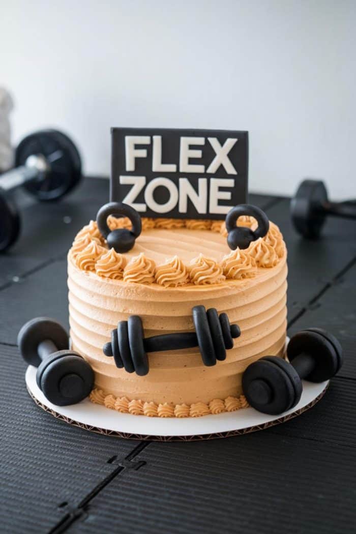 A tan frosted cake with a "FLEX ZONE" sign on top, decorated with small black dumbbell and kettlebell fondants. The cake is placed on a black textured surface with larger dumbbells in the background.