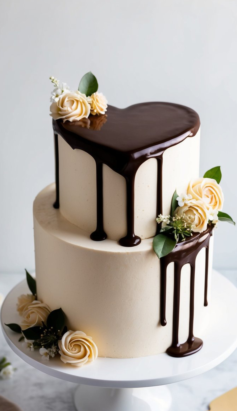 A two-tiered white cake with a heart-shaped top layer, decorated with chocolate ganache drips, cream-colored roses, and green leaves, displayed on a white cake stand.