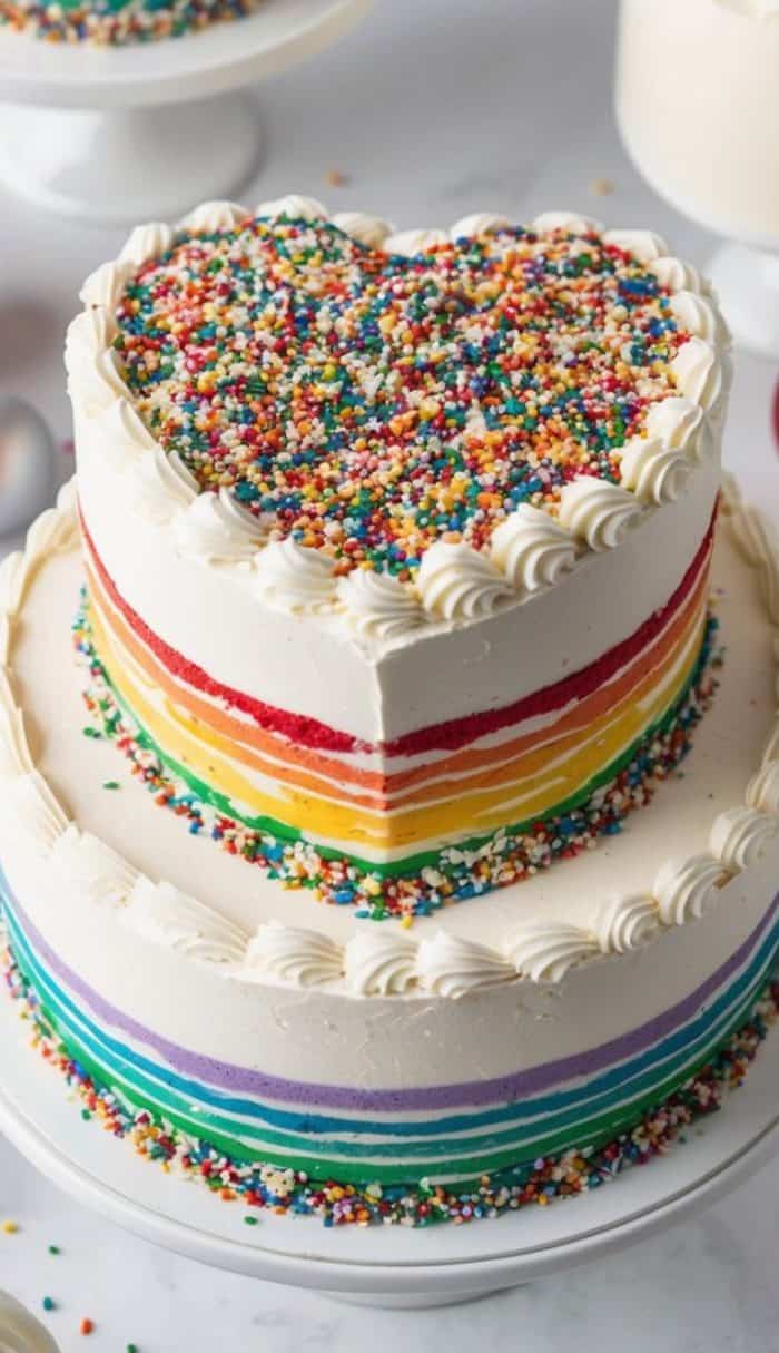 A round layer cake with rainbow stripes and white frosting, topped with a heart-shaped layer covered in colorful sprinkles and decorated with piped icing. The cake sits on a white stand.