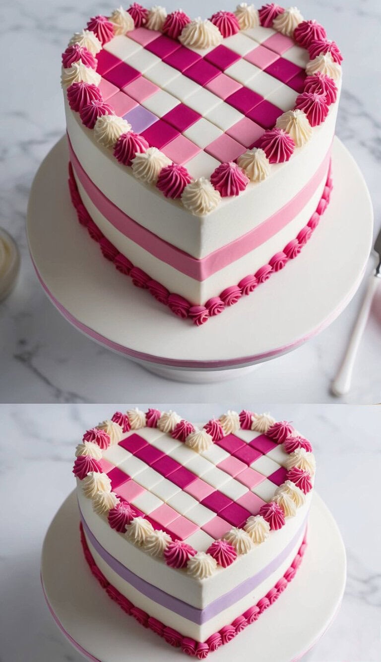 A heart-shaped cake with a checkered pink, magenta, and white pattern on top, decorated with piped frosting swirls along the edge, sitting on a white cake stand.