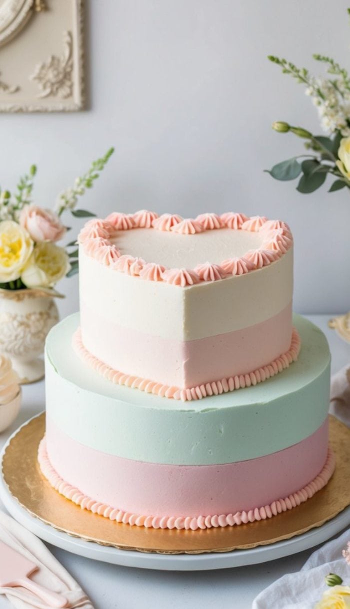 A two-tier cake with pastel pink and mint green frosting. The top tier is heart-shaped with pink decorative edging, and the lower round tier has striped pastel icing. Flowers are arranged around the cake on a white table.