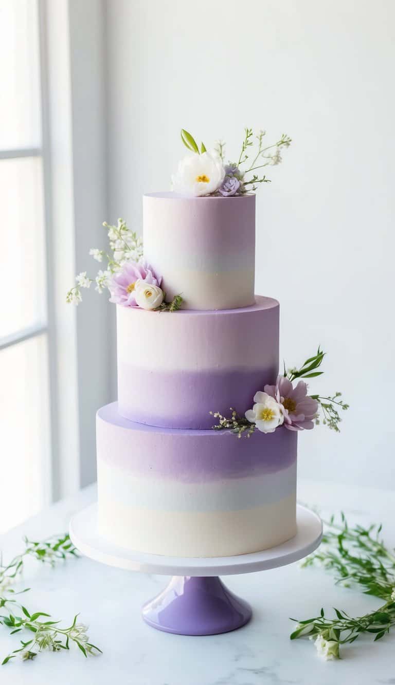 A three-tiered cake with lilac ombre layers, adorned with delicate spring flowers and greenery, set against a bright and airy backdrop