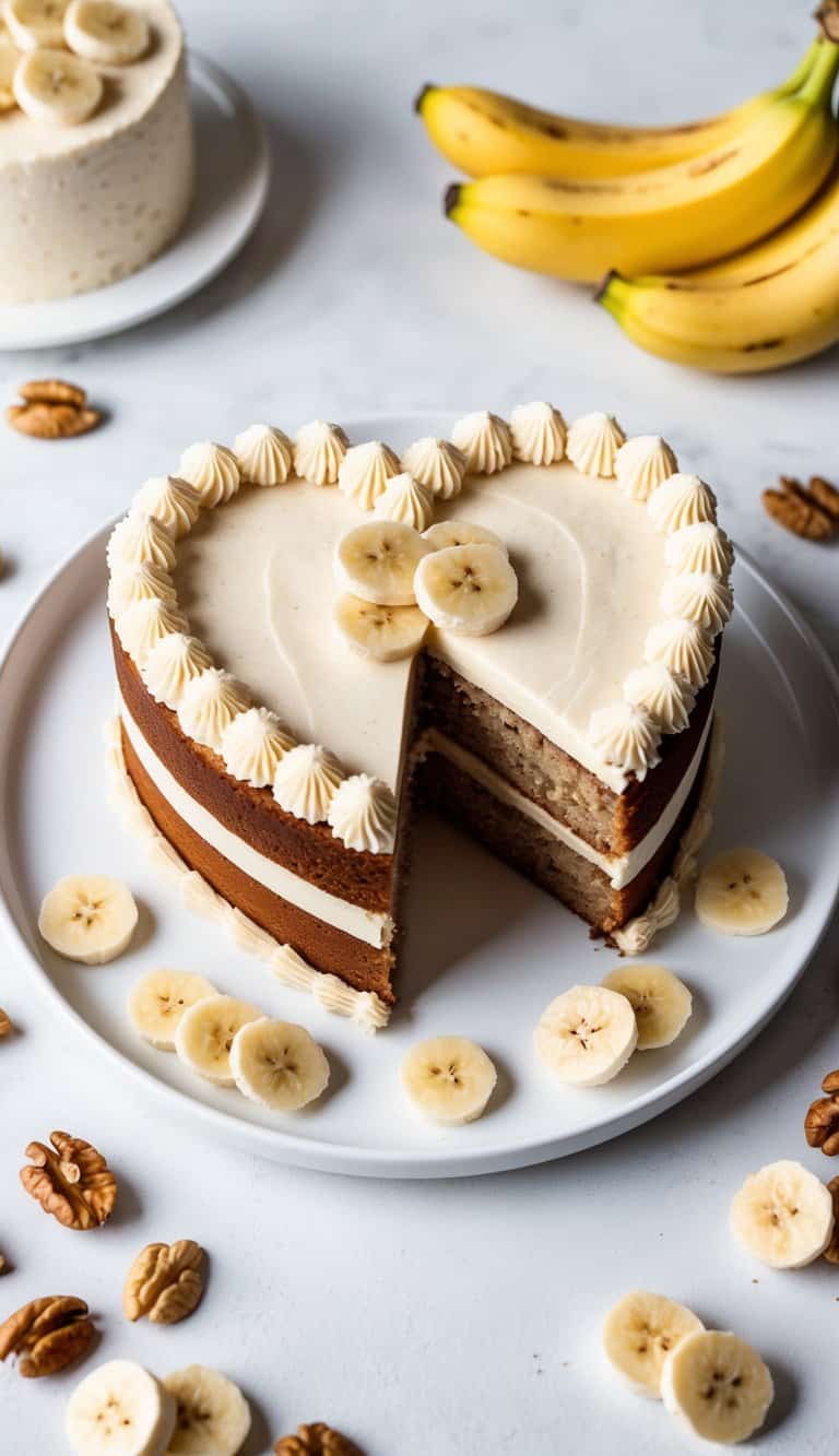 A heart-shaped banana walnut cake with sliced pieces on a white plate surrounded by scattered walnuts and banana slices