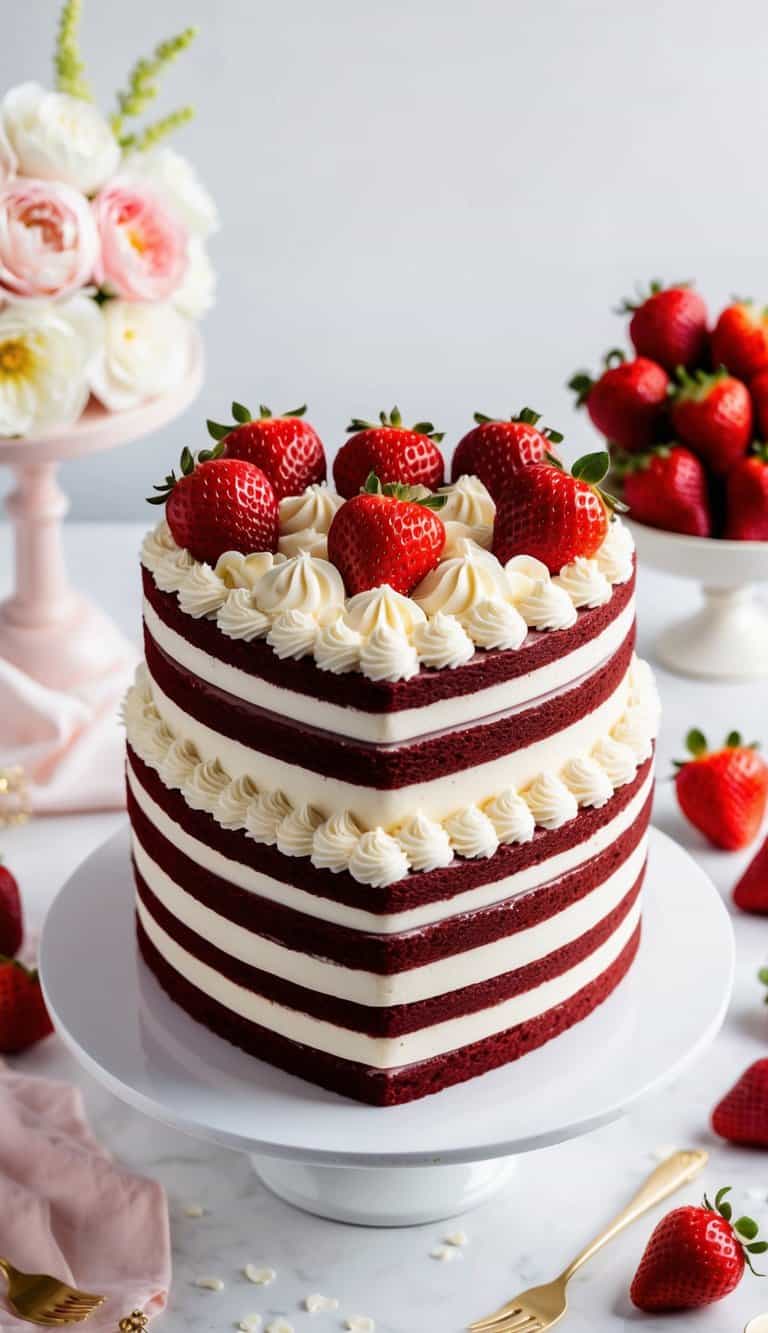 A red velvet heart-shaped cake with layers, topped with cream and strawberries, surrounded by romantic decorations