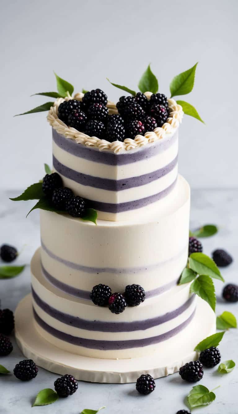 A blackberry vine heart cake surrounded by scattered fresh blackberries and delicate green leaves