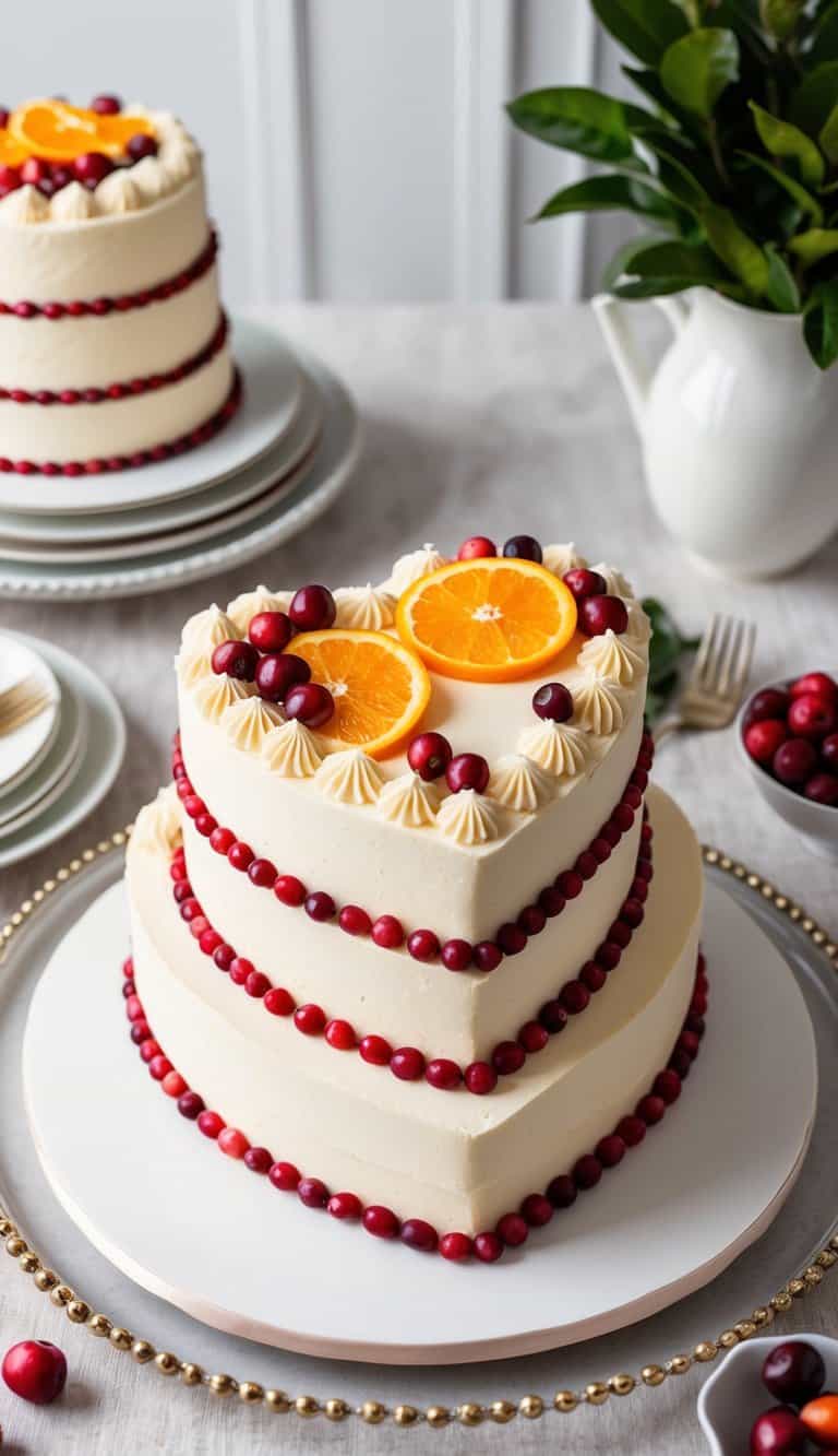 A heart-shaped cake decorated with cranberries and oranges on a festive table setting