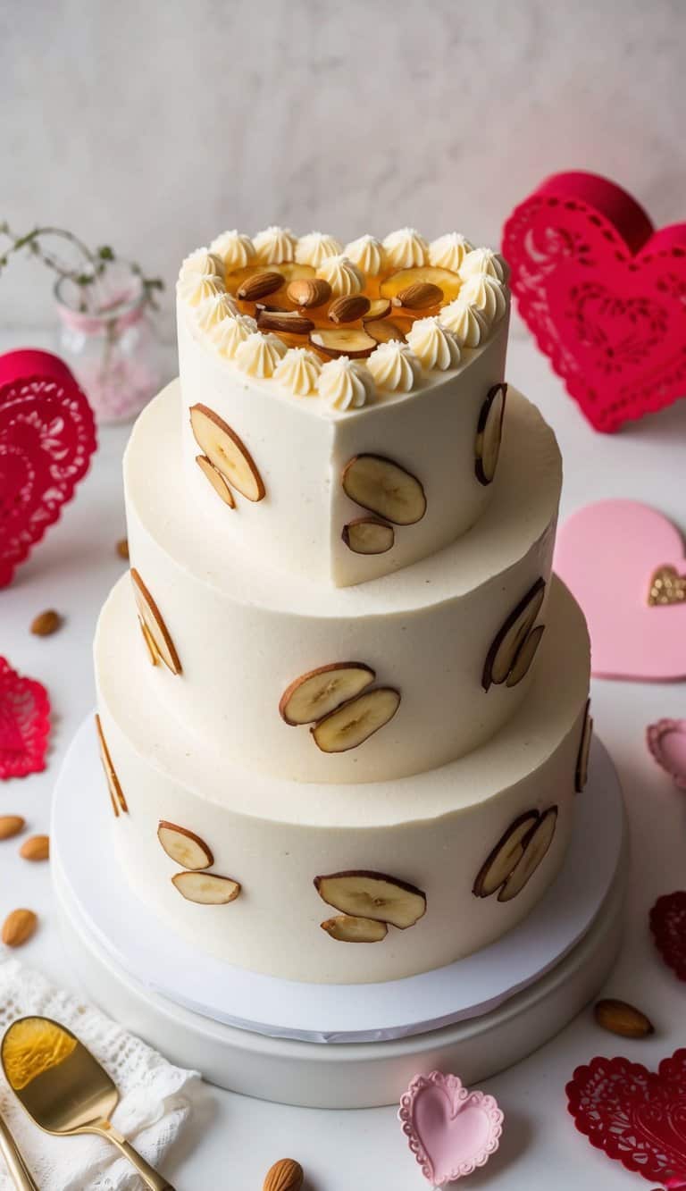 A heart-shaped cake decorated with honey almond slices, surrounded by romantic Valentine's Day decor