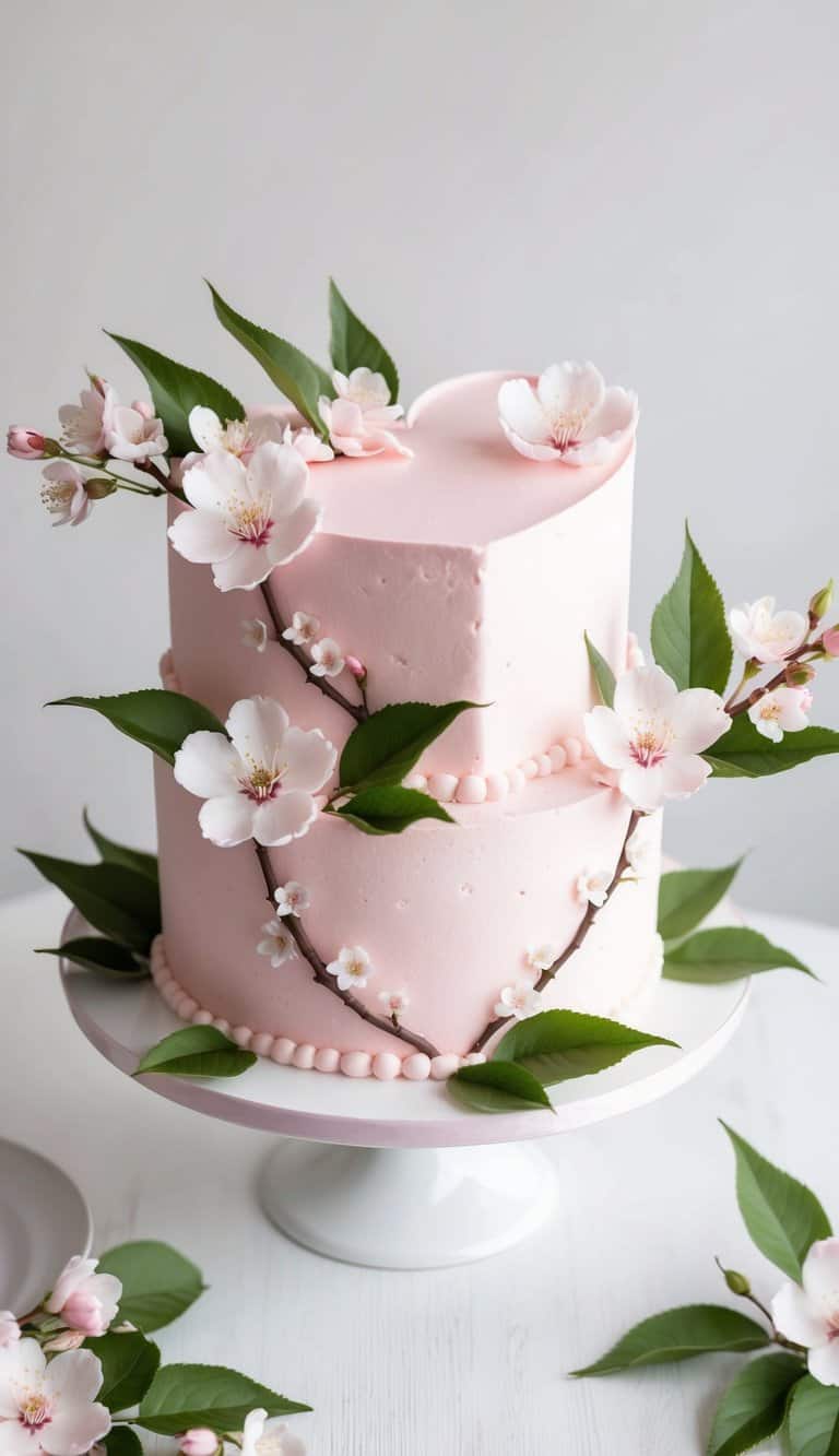 A heart-shaped cherry blossom cake surrounded by delicate pink flowers and green leaves, set on a white table with soft lighting