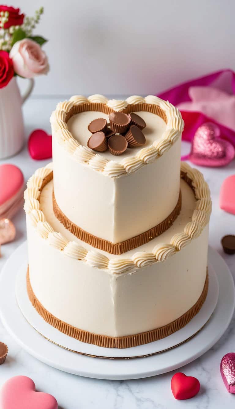 A heart-shaped cake adorned with peanut butter cups, surrounded by romantic decorations for Valentine's Day
