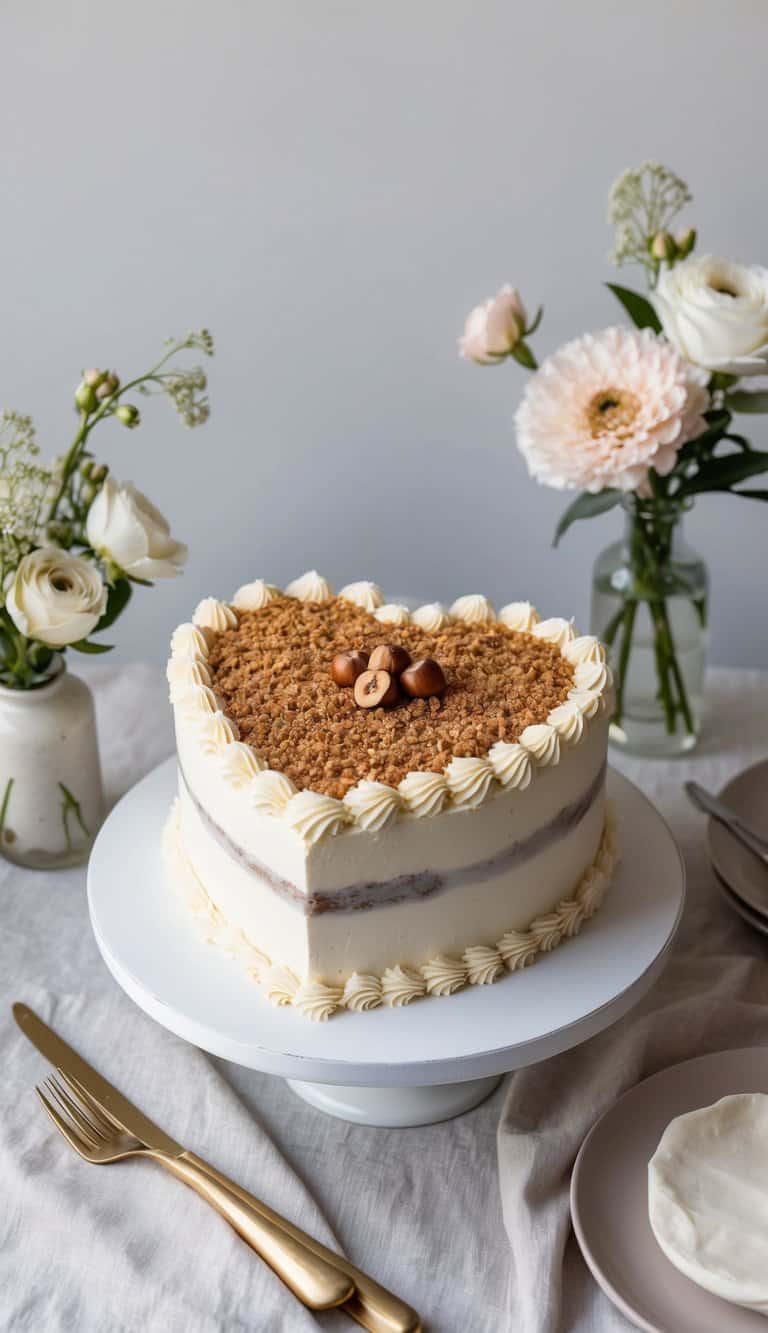 A heart-shaped cake with hazelnut crunch topping sits on a table adorned with romantic decorations
