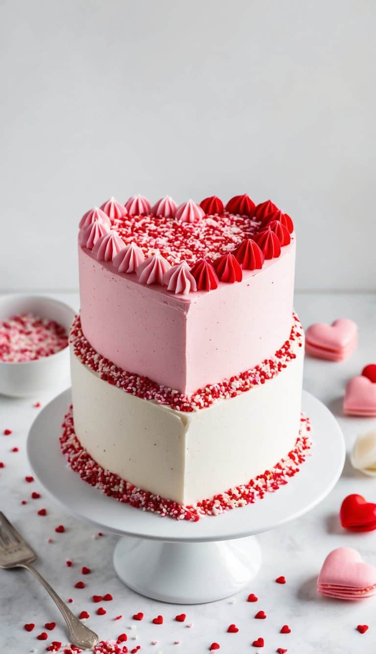 A heart-shaped vanilla sprinkle cake adorned with pink and red frosting, surrounded by scattered heart-shaped sprinkles on a white cake stand