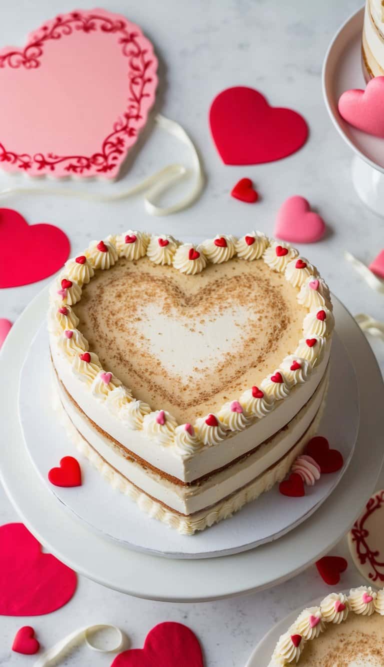 A heart-shaped tiramisu cake surrounded by romantic decorations and Valentine's Day-themed elements