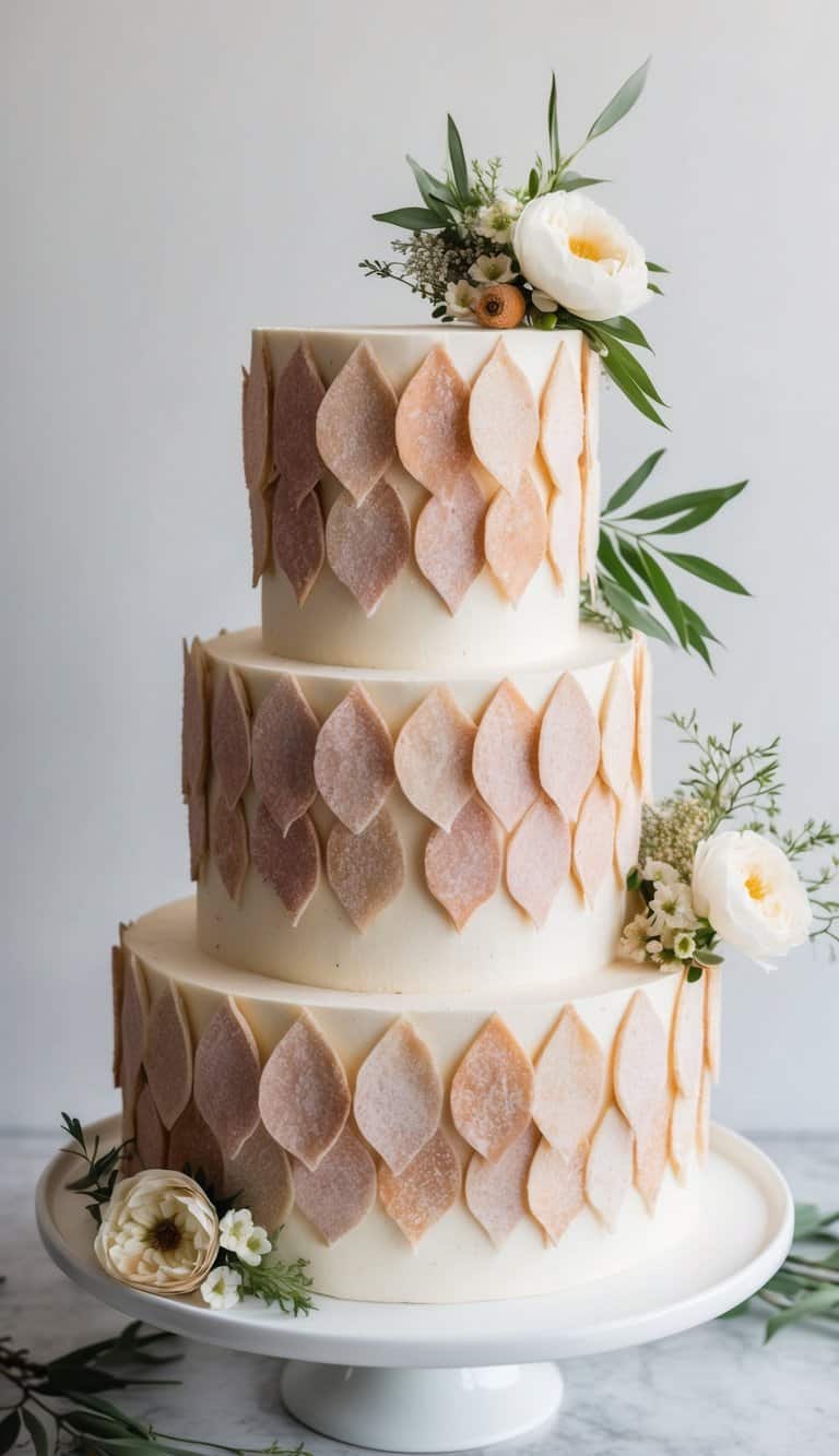 A cake covered in delicate, pastel-colored petals made of cinnamon sugar, with fresh flowers and greenery as additional decoration