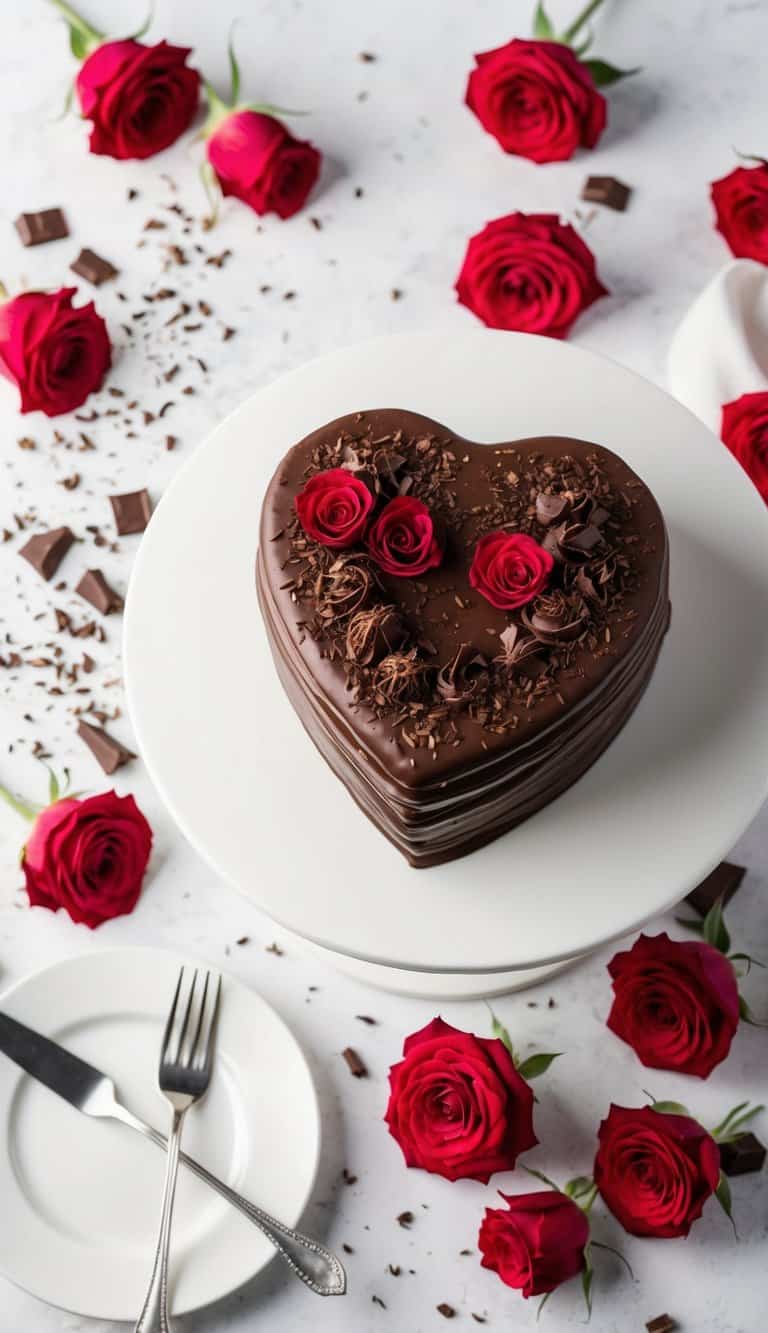 A heart-shaped chocolate ganache cake surrounded by red roses and scattered with chocolate shavings, set on a white cake stand