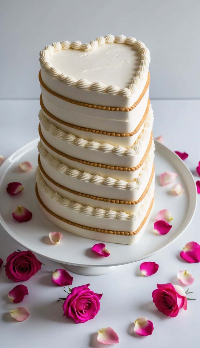 A stack of vanilla bean heart-shaped cakes arranged on a white serving platter, surrounded by scattered rose petals
