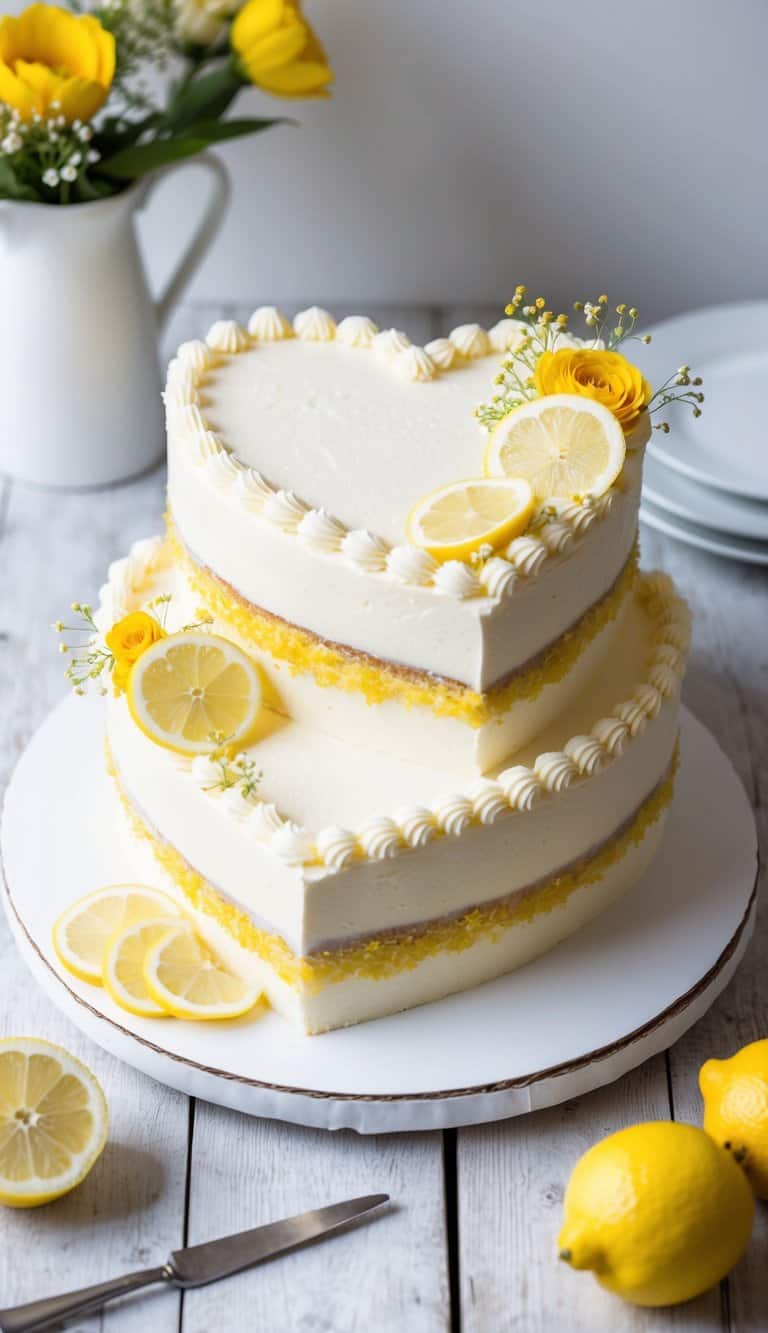 A heart-shaped lemon zest cake adorned with delicate yellow flowers and fresh lemon slices, set on a rustic wooden table