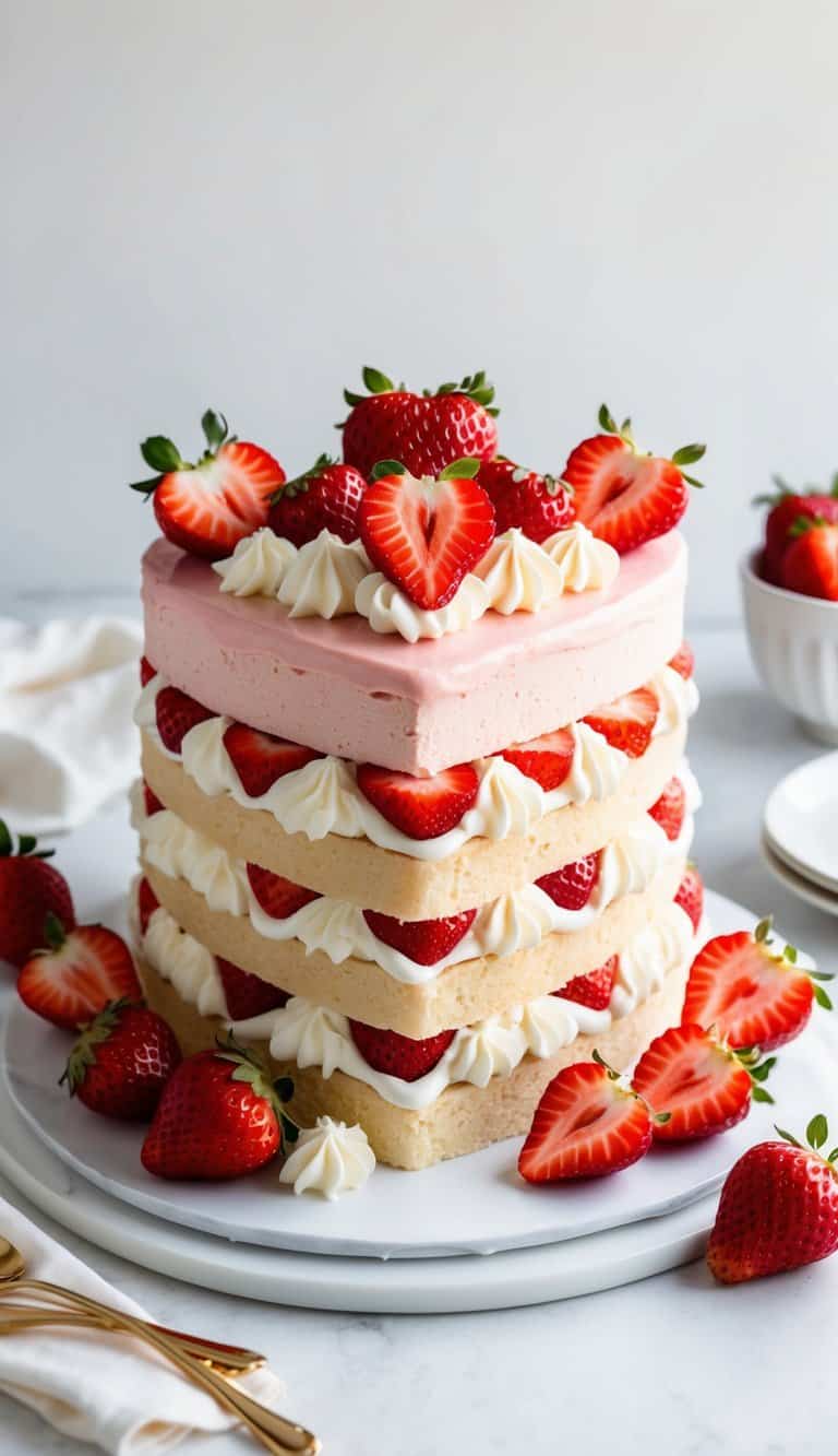 A heart-shaped strawberry shortcake surrounded by fresh strawberries and whipped cream