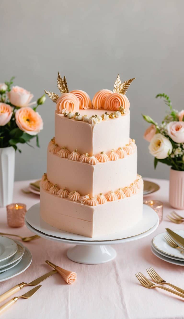 A heart-shaped cake adorned with peach Bellini frosting and decorative toppings sits on a festive table, surrounded by romantic ambiance