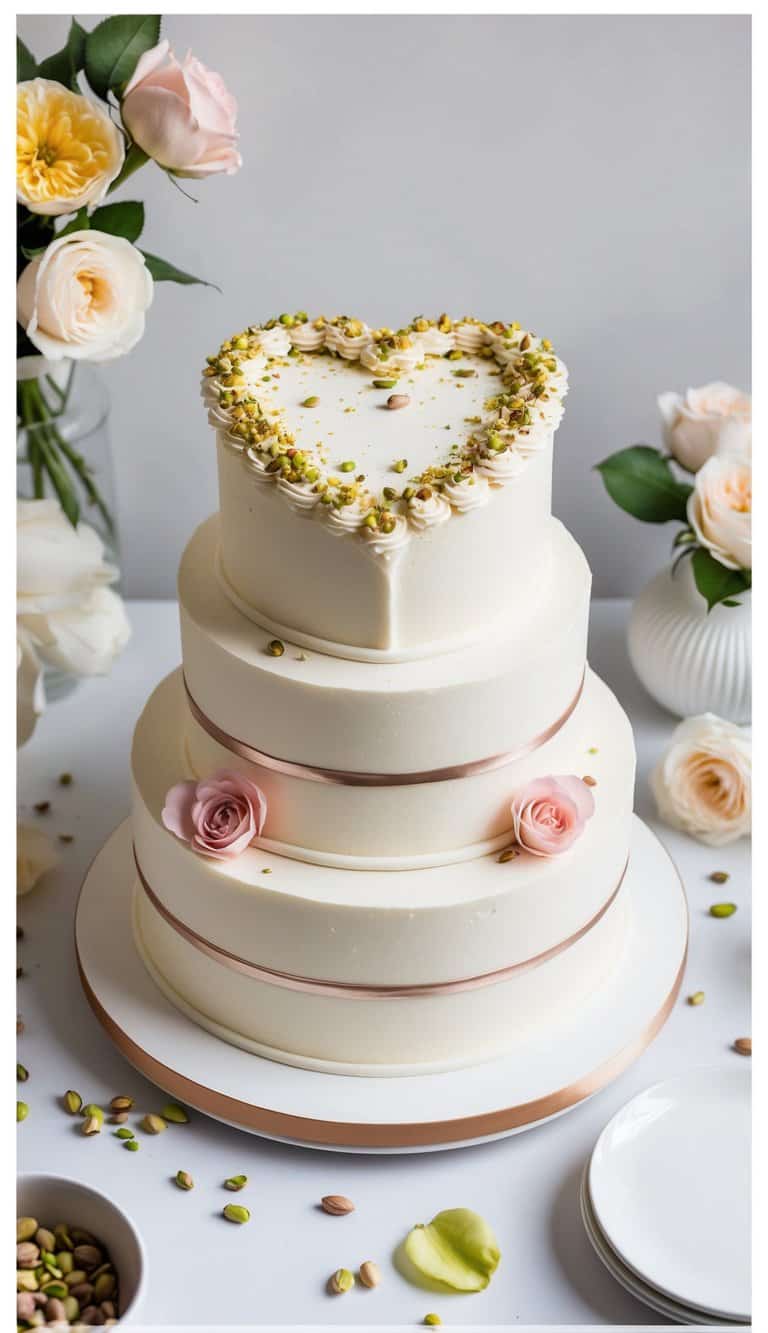 A heart-shaped cake adorned with pistachios and rose petals, surrounded by romantic decor