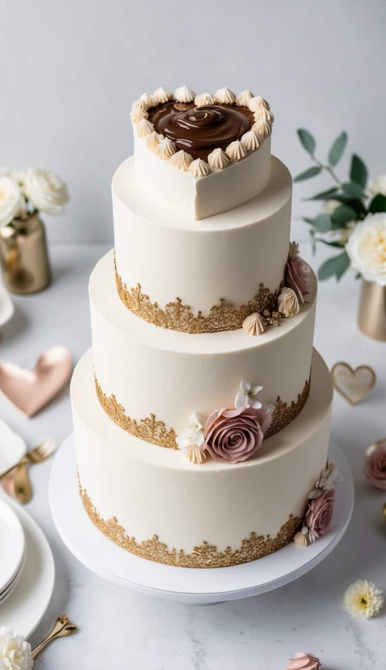 A heart-shaped cake topped with Nutella fudge and surrounded by romantic decorations