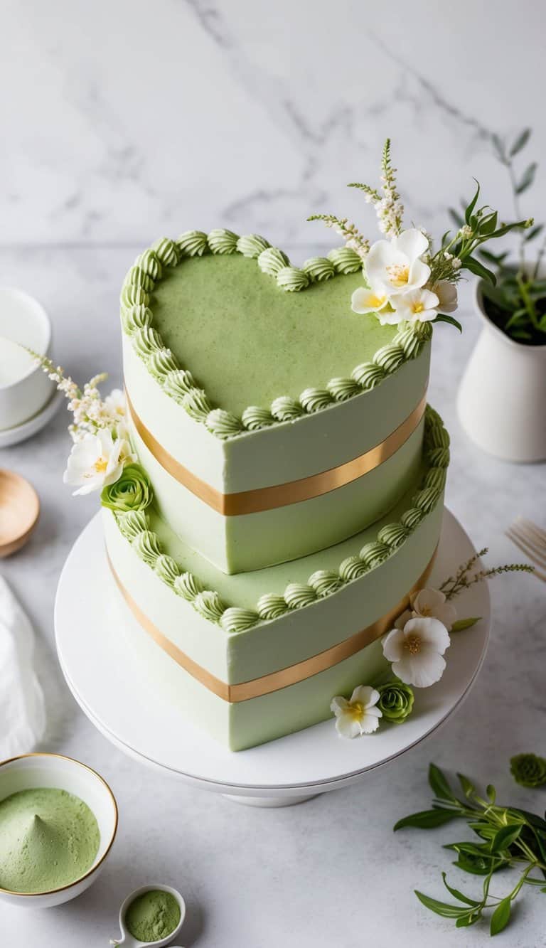 A heart-shaped matcha green tea cake surrounded by delicate floral decorations