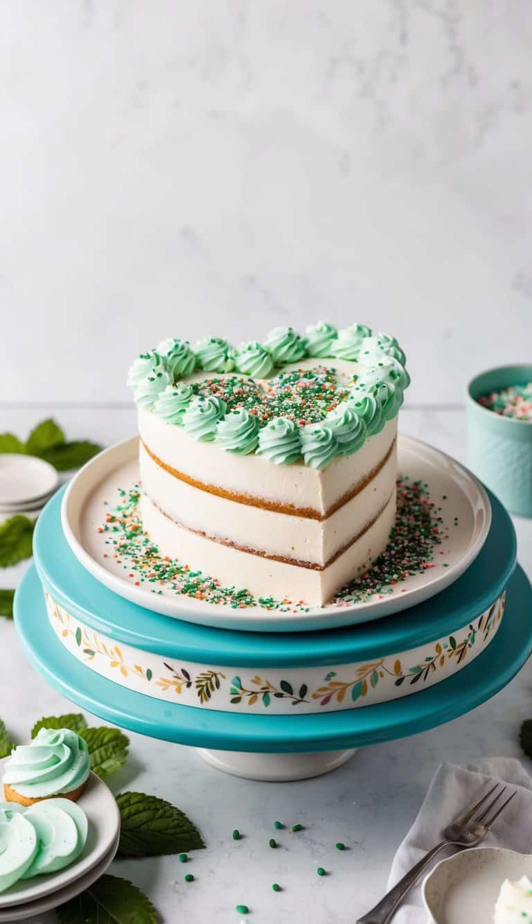 A heart-shaped cake with mint chip frosting surrounded by decorative sprinkles and served on a festive platter
