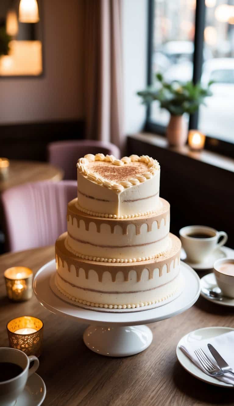 A cozy café setting with a heart-shaped spiced chai cake surrounded by romantic décor and soft lighting