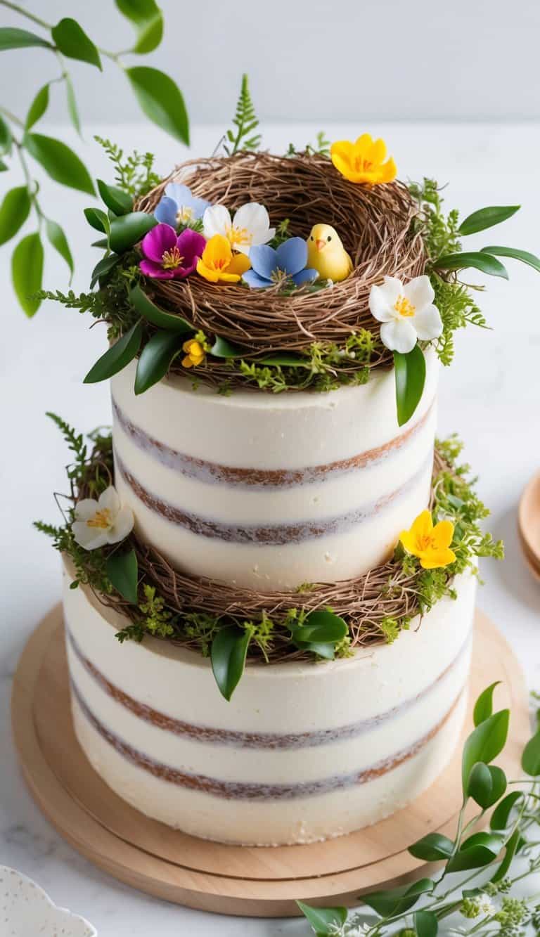 A bird's nest cake decoration with colorful spring flowers and green foliage