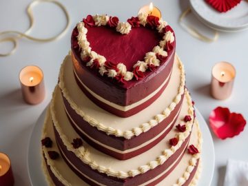 A three-tiered heart-shaped cake with red and white frosting decorated with small roses. Surrounded by lit candles, red and pink paper hearts, and a gold fork on a white table. Romantic and elegant setting.