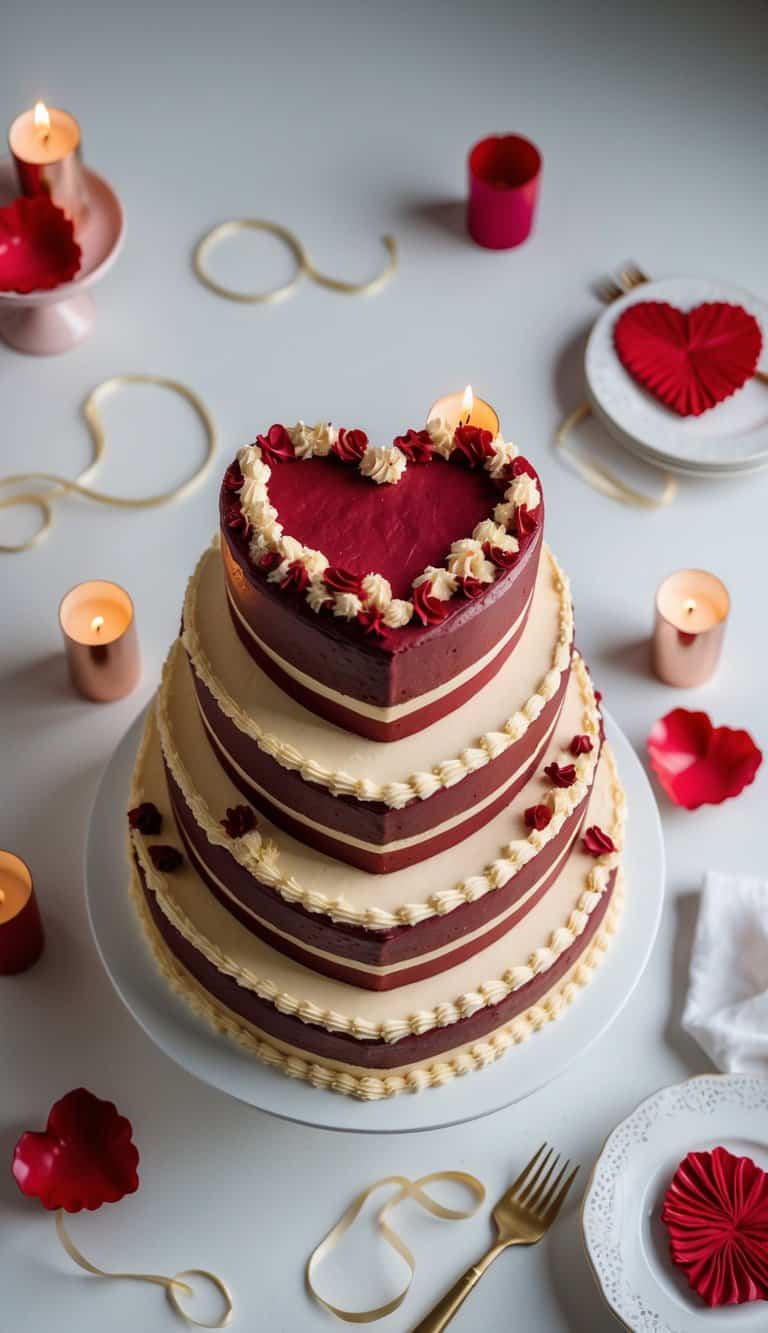 A rich rum heart cake surrounded by romantic decorations and candles