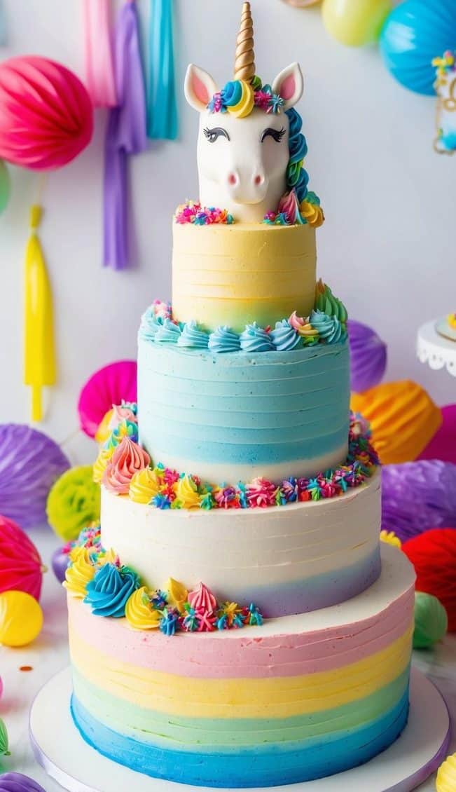 A colorful three-tier unicorn cake with pastel stripes and a unicorn topper. The cake is decorated with rainbow swirls and surrounded by vibrant party decorations and balloons.