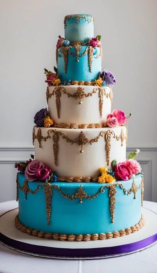 A five-tiered cake decorated with white and blue frosting, ornate gold accents, and colorful flowers. It sits on a white table under an elegant, ornate chandelier.