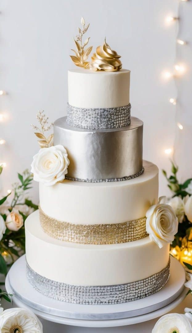 A tiered cake adorned with shimmering gold and silver accents, surrounded by elegant floral arrangements and twinkling lights