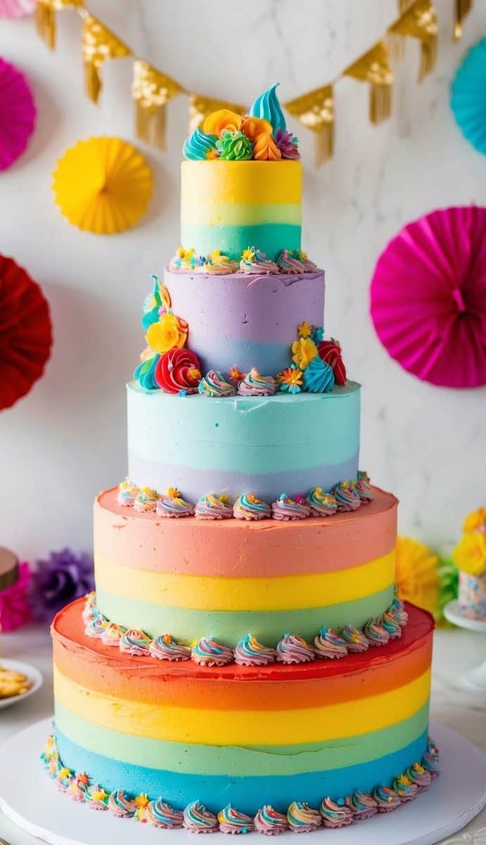 A vibrant rainbow layer cake adorned with colorful frosting and decorative details, set against a backdrop of festive quinceañera decorations
