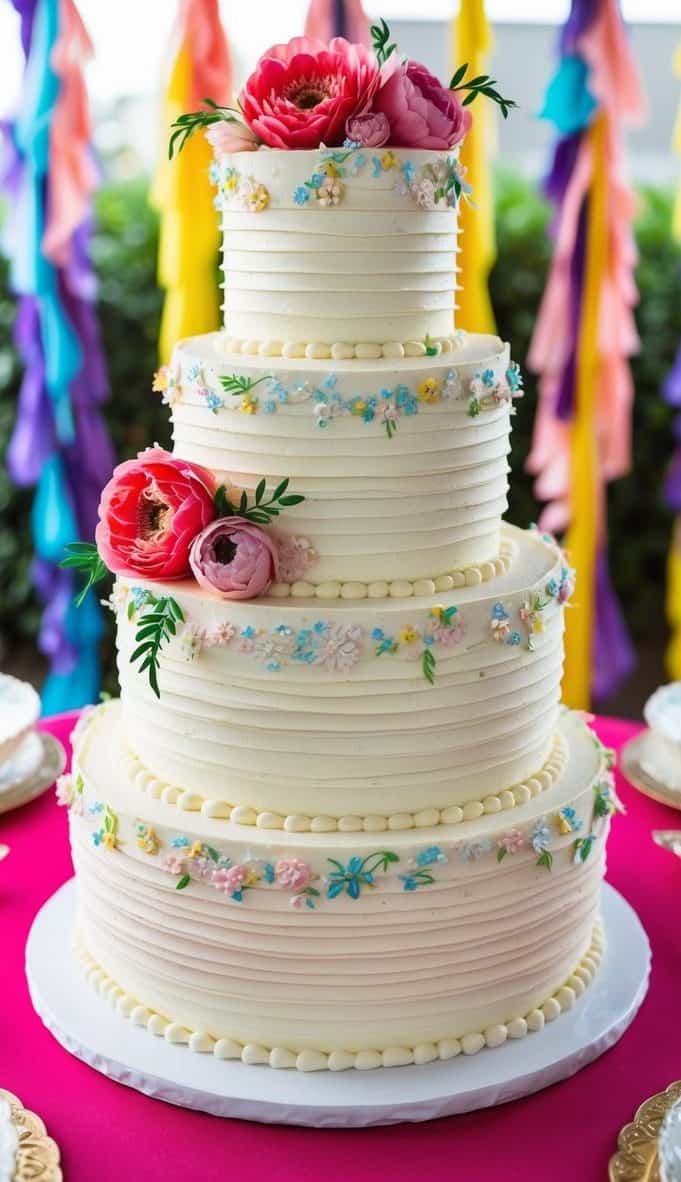 A tiered buttercream ruffle cake adorned with delicate floral decorations, set on a table surrounded by vibrant quinceañera decor