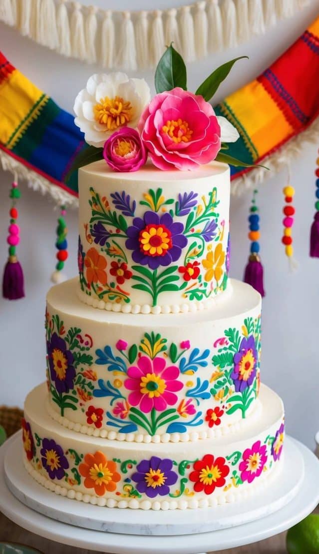 A three-tiered cake decorated with vibrant floral patterns and topped with colorful flowers. The background features festive decorations with rainbow colors and tassels. The cake sits on a white stand on a wooden table with limes and small bowls.