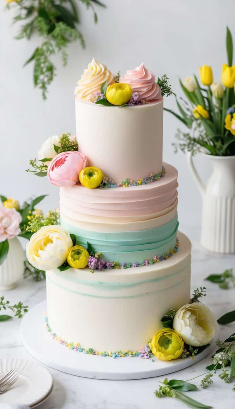 A vibrant spring cake adorned with pastel buttercream rosettes, surrounded by fresh flowers and greenery