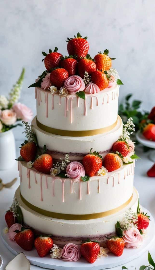 A vibrant quinceañera cake topped with strawberries and surrounded by delicate floral decorations