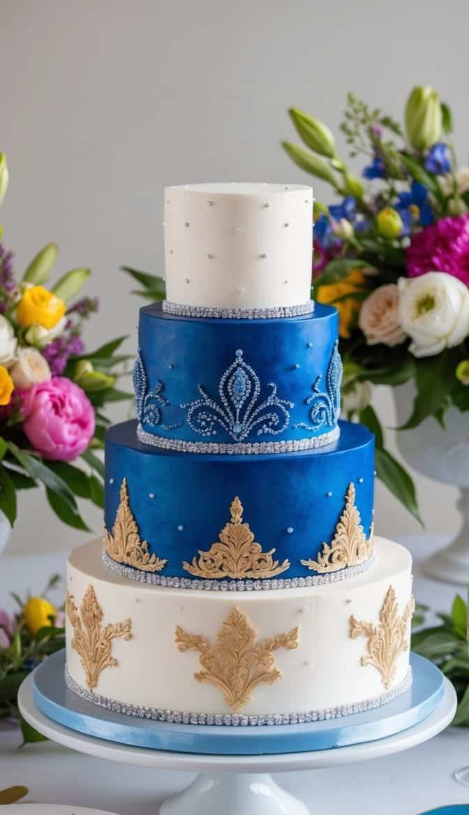 A royal sapphire cake adorned with intricate designs and shimmering accents, surrounded by vibrant floral arrangements and elegant table settings