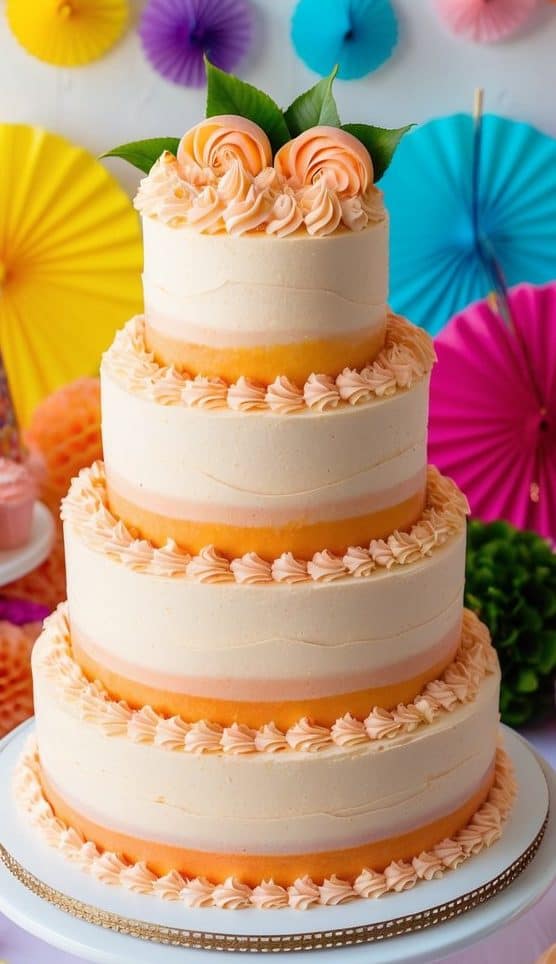 Tiered peach-colored cake decorated with roses on top, set on a white stand. Background features colorful paper fans, party hats, and a table with vibrant plates and cups, creating a festive atmosphere.
