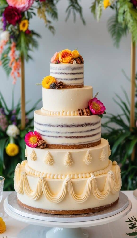 A three-tiered wedding cake with floral decorations is set on a table. The two top tiers have a semi-naked frosting style, while the bottom is fully frosted with piped designs. Bright flowers and foliage arch over the display in the background.