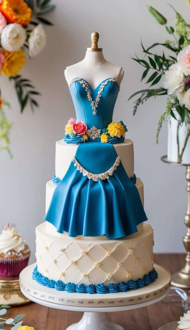 A tiered cake designed to resemble a blue ball gown on a mannequin. The cake is decorated with colorful flowers and icing details, surrounded by floral arrangements, cupcakes, and tableware on a wooden surface.