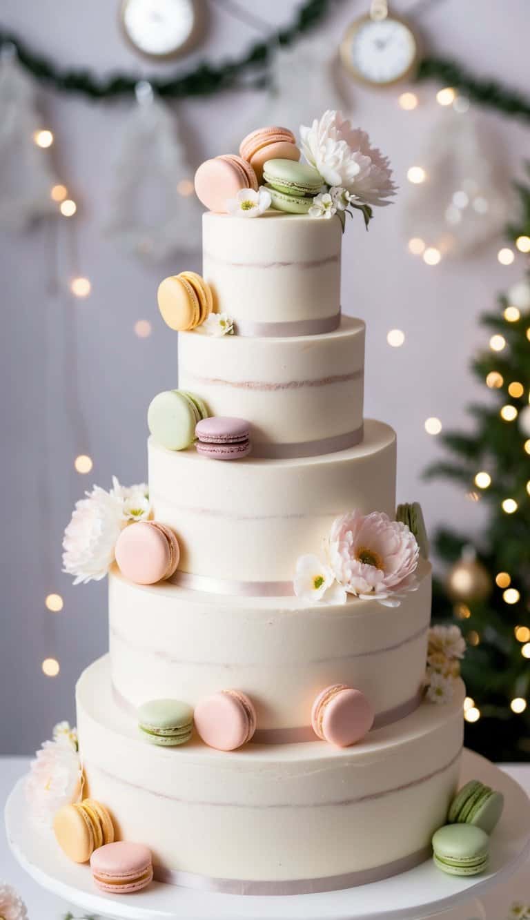 A tall, multi-tiered cake adorned with pastel macarons and delicate flowers, set against a backdrop of festive decorations and twinkling lights