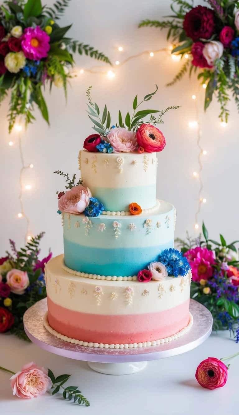 A three-tiered ombre buttercream cake adorned with delicate quinceañera decorations, surrounded by vibrant floral arrangements and twinkling fairy lights